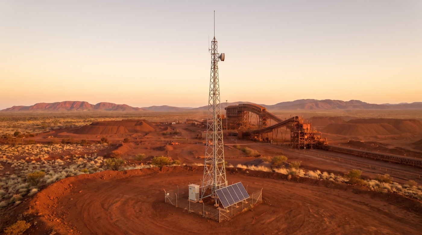 A galvanised LoRaWAN gateway mast with a solar-powered equipment cabinet on the red Pilbara plain, the iron ore operation beyond at dusk
