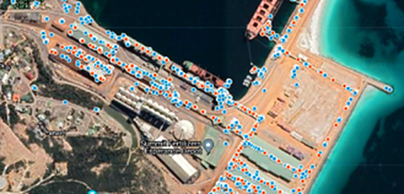 Spatial asset view of a Western Australian export terminal showing monitored asset locations
