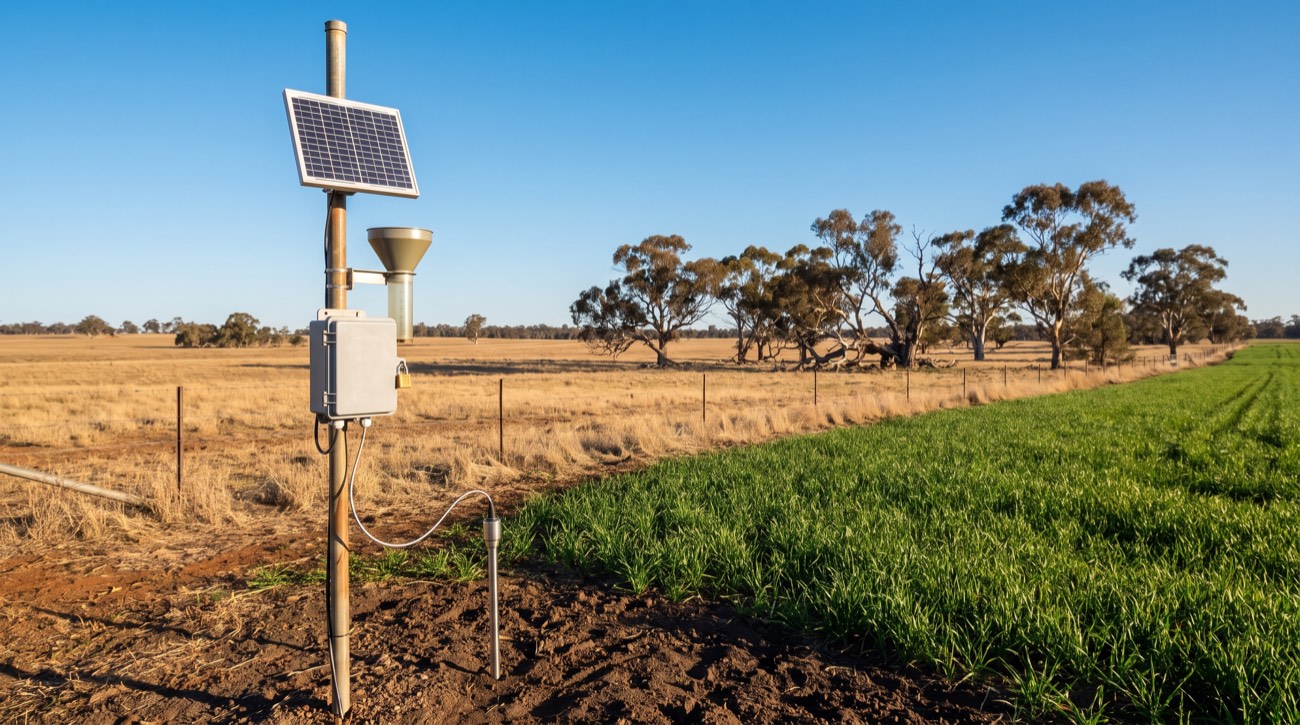 A small solar-powered farm sensor station with a soil moisture probe and rain gauge at the edge of a green cropping field in New South Wales