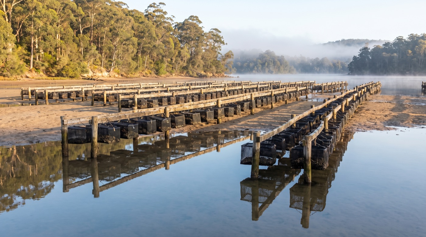 Rows of mesh oyster baskets on timber racks at low tide on an intertidal lease in a New South Wales estuary