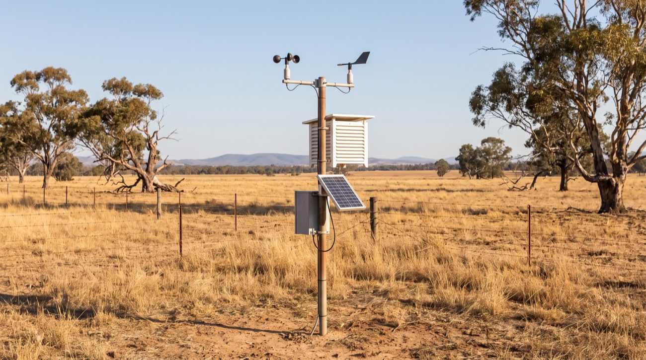 A compact automatic weather station on a galvanised mast with anemometer, wind vane and radiation shield in a dry golden New South Wales paddock
