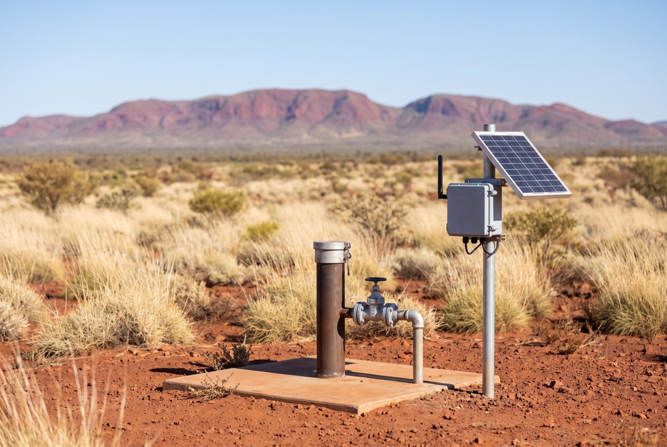 A rugged unbranded wireless monitoring node with a small solar panel beside a capped artesian bore on the empty red Pilbara plain
