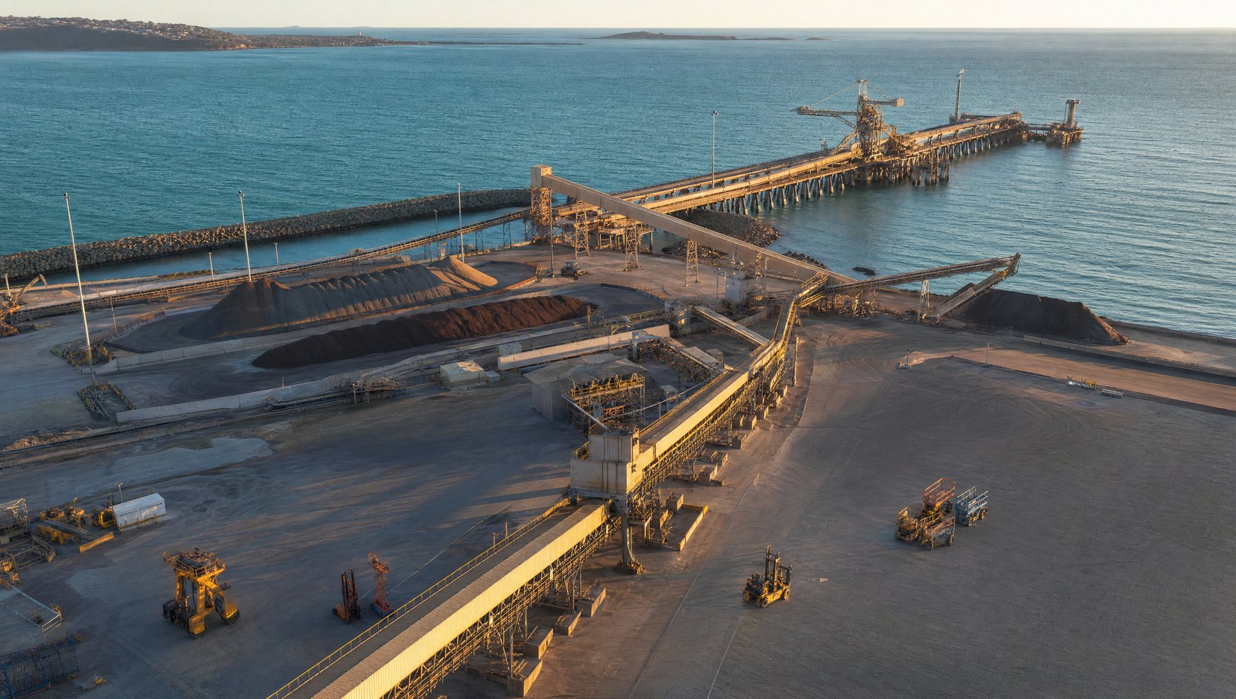 Elevated view of a bulk export terminal showing conveyor galleries, a shiploader at the berth and open hardstand