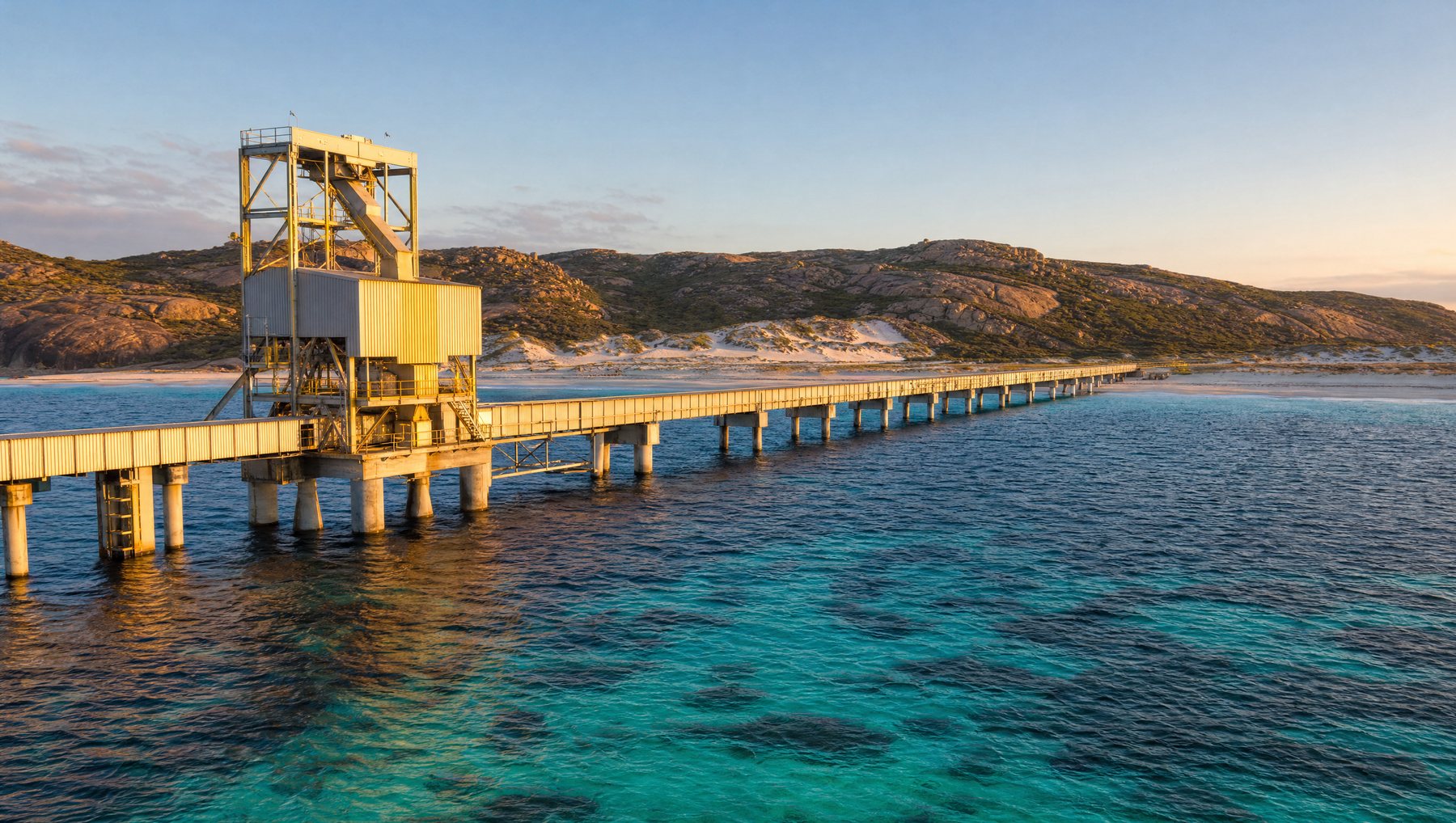 Elevated view of an Australian bulk export terminal showing conveyor galleries, a shiploader at the berth and open hardstand