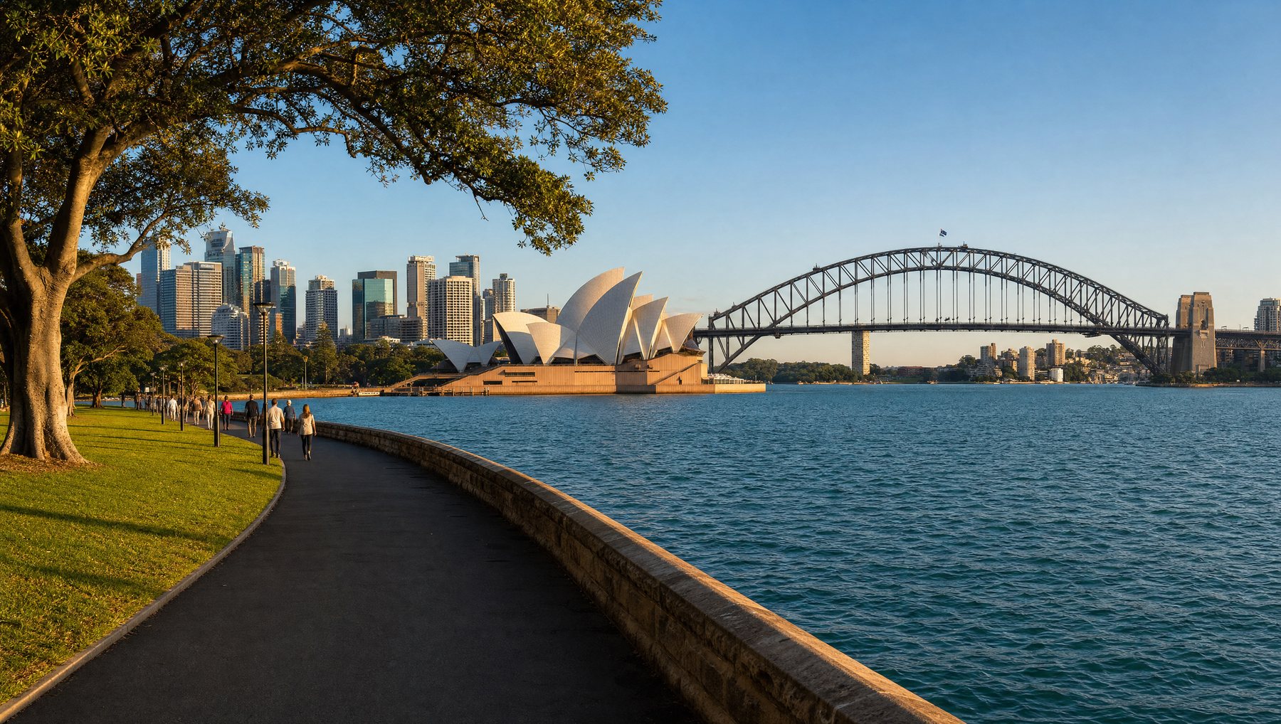 The Farm Cove foreshore walk in the Royal Botanic Garden Sydney, looking across the harbour to the Opera House and the Harbour Bridge