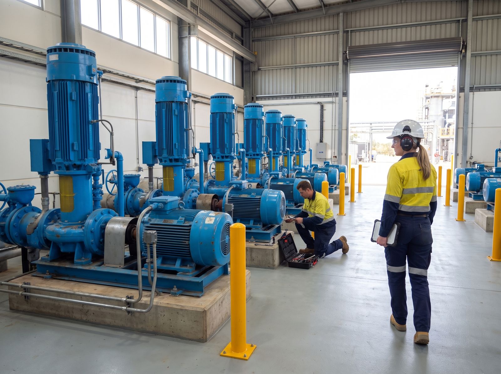 A row of identical pump and motor sets runs the length of a bright pump hall. A fitter works on one of them while a reliability engineer walks the line, the repair done on the single machine the data flagged.