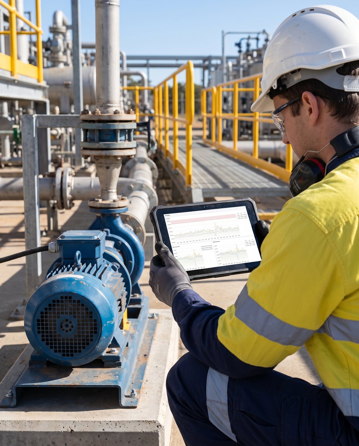 A reliability engineer crouched beside a running pump checks vibration readings on a rugged tablet, the alert threshold band marked in red across the top chart.