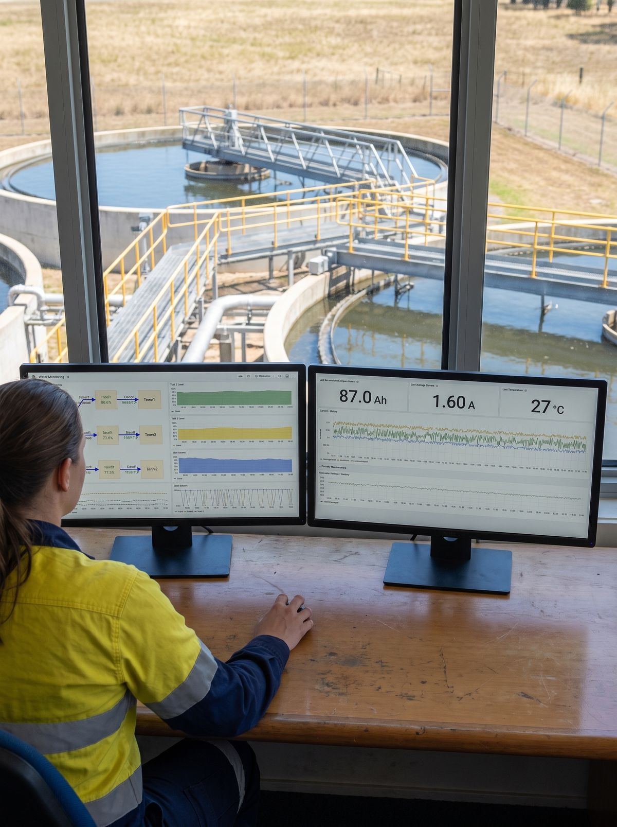 A water utility engineer at a treatment plant control desk reads the live network view on one screen and pump energy readings on the other, the clarifier tanks visible through the window beside her.