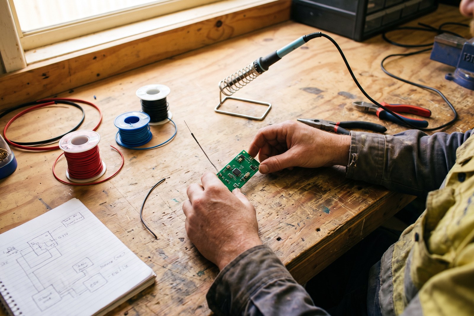 Hands assembling a small sensor board with an antenna at a community workshop bench, soldering iron and wire spools alongside