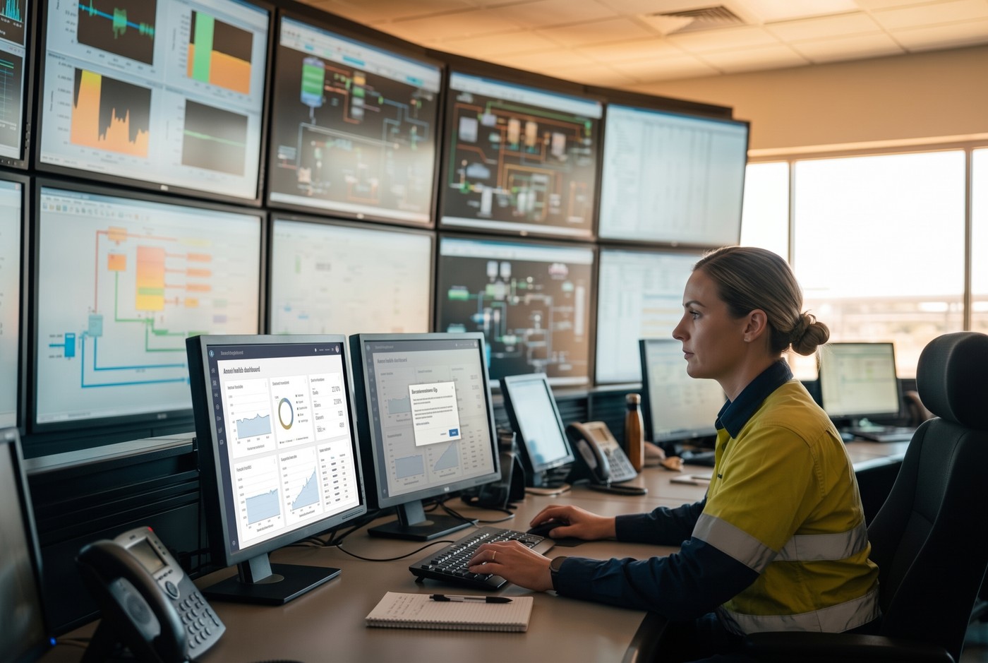 A single operations engineer in a hi-vis shirt at a workstation, reviewing an asset-health dashboard and an on-screen recommendation, deciding whether to act, a wall of process screens softly out of focus behind