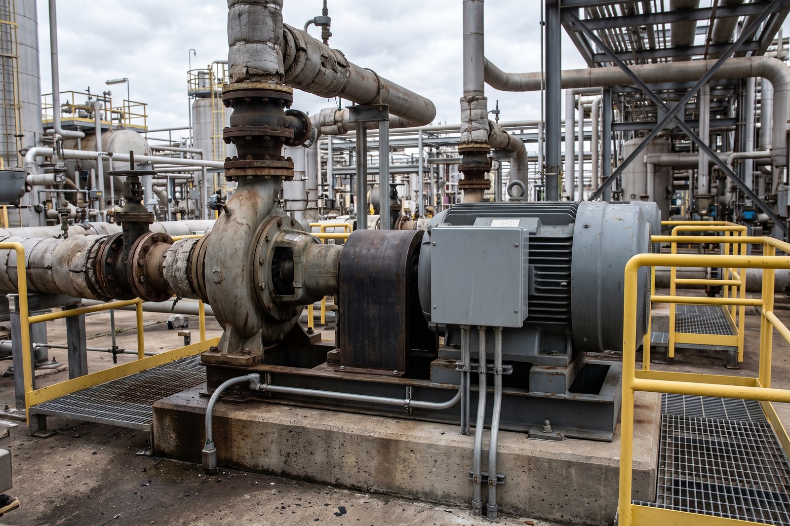 A large industrial centrifugal pump and its electric drive motor on a concrete plinth in a refinery process area, with flanged pipework and a coupling guard between motor and pump