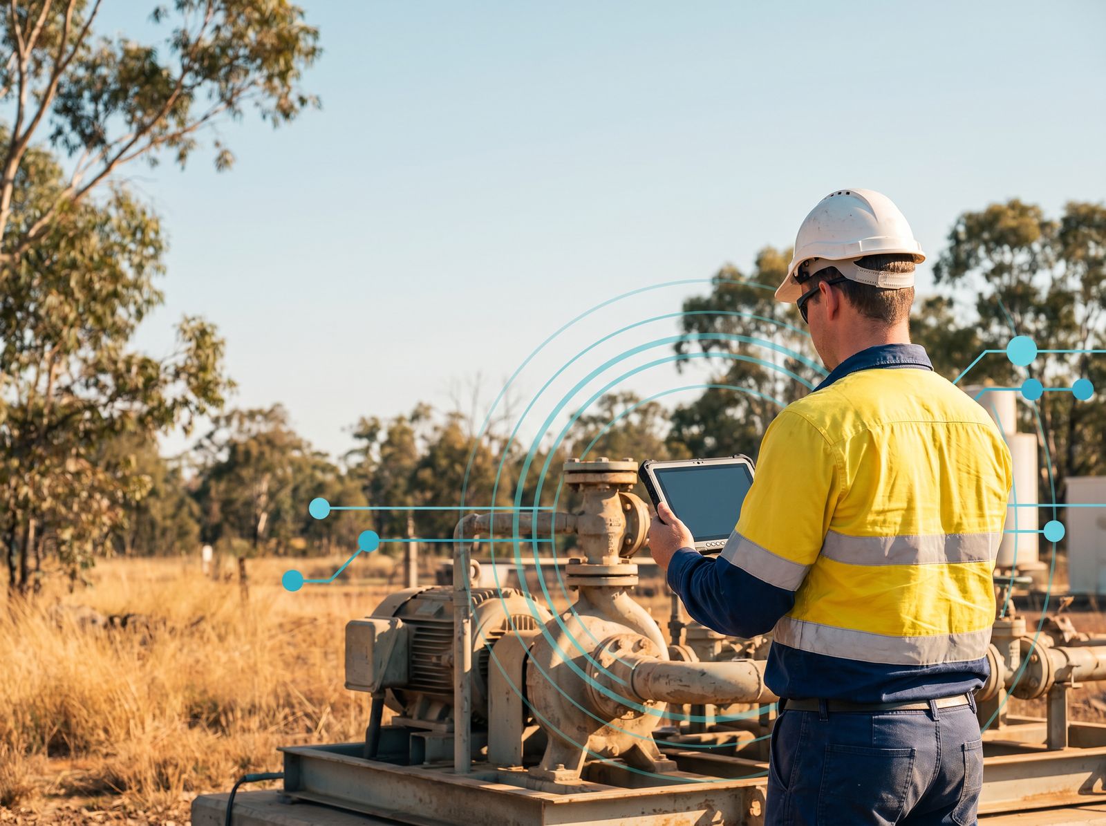 A maintenance engineer in hi-vis inspects a fixed pump and valve skid on a rugged tablet at an outdoor Australian industrial site.