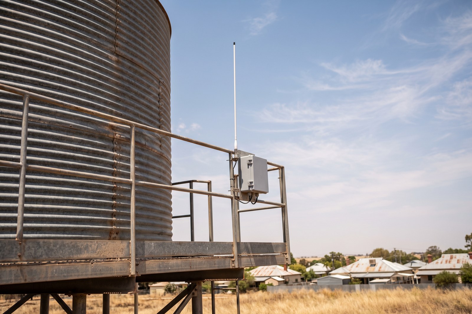 A long-range gateway enclosure and slim antenna mounted on the railing of an elevated galvanised water tank, town rooftops in the distance