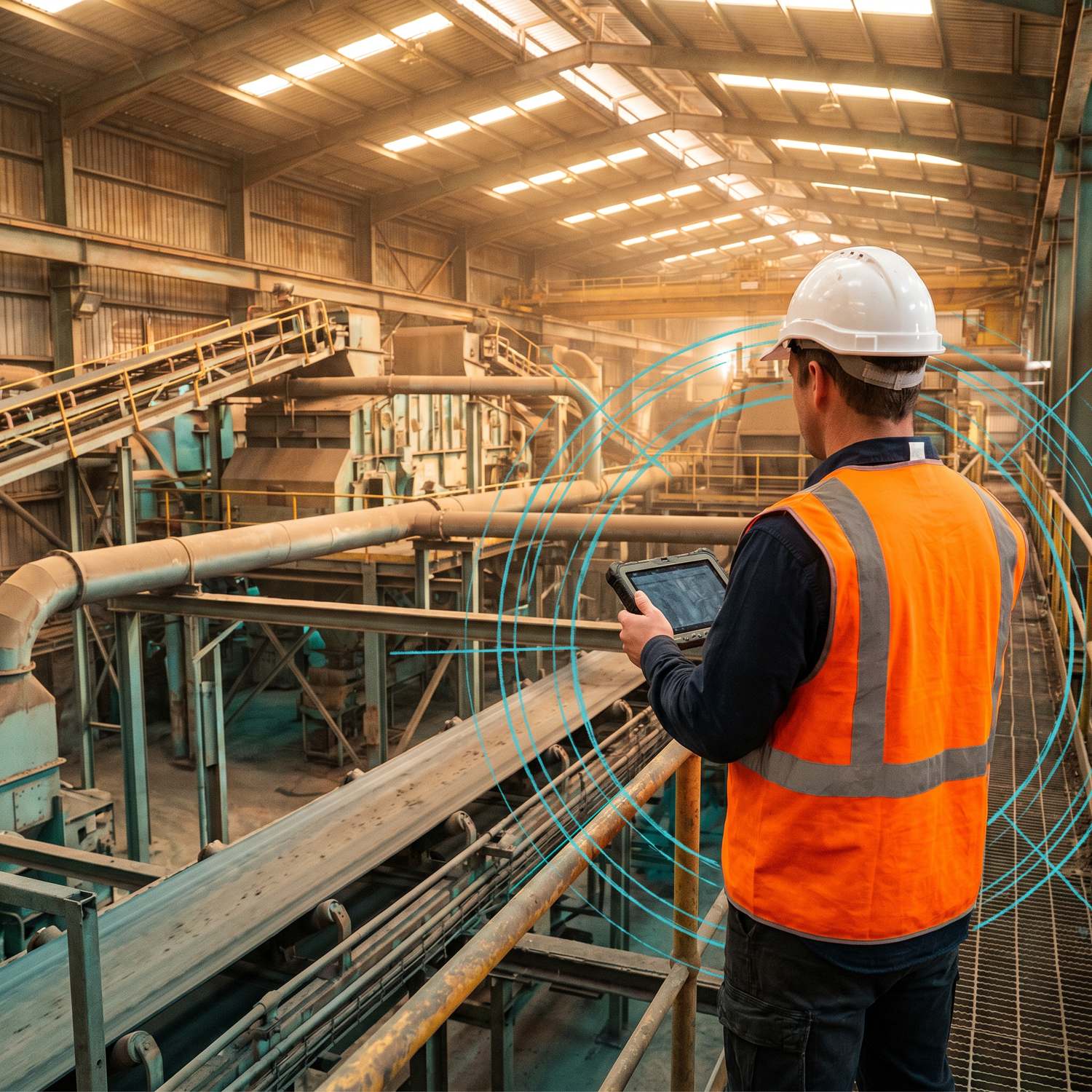 A maintenance engineer in hi-vis assesses heavy rotating plant on a rugged tablet inside an Australian processing facility, a subtle teal data overlay across the equipment.