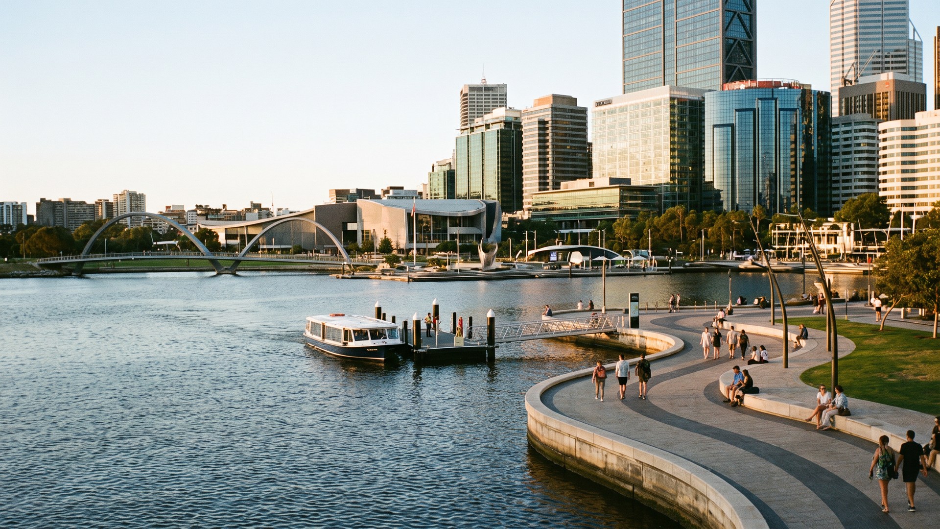 An Australian capital city waterfront precinct at golden hour