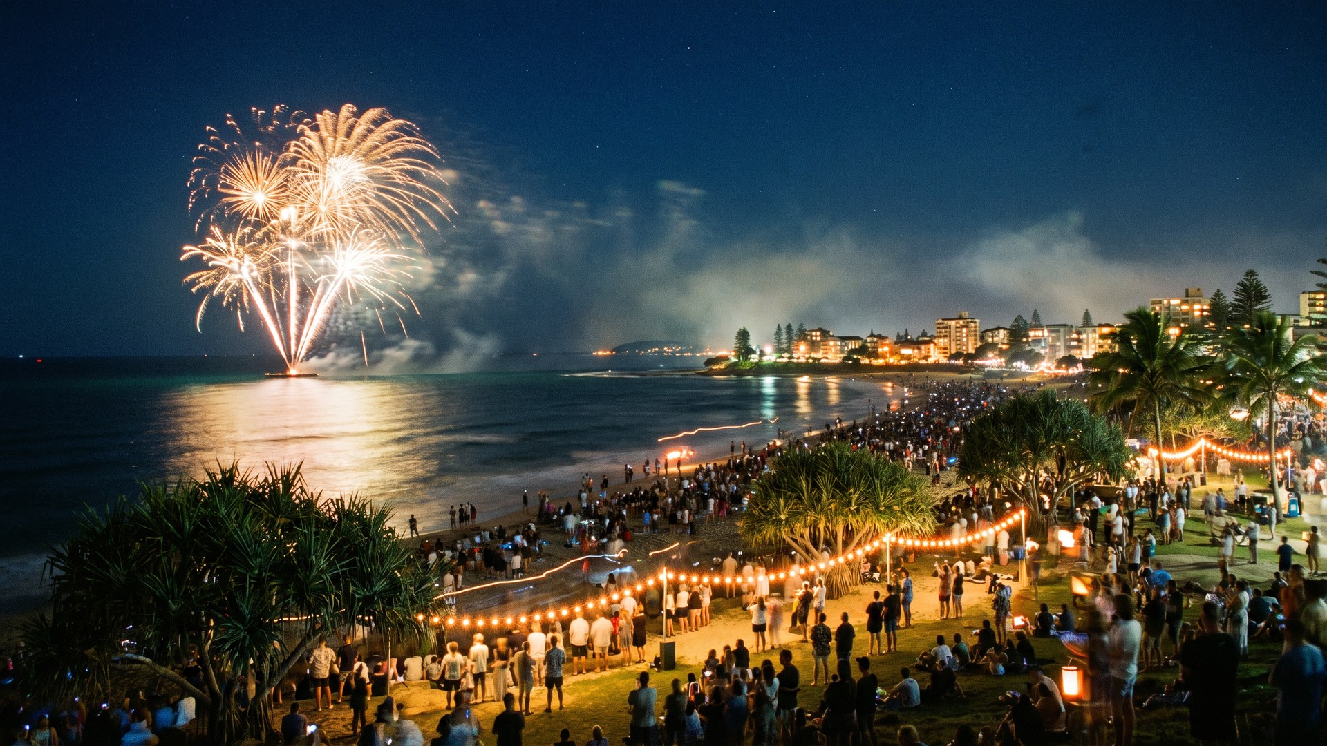 New Year's Eve fireworks over an Australian beachfront