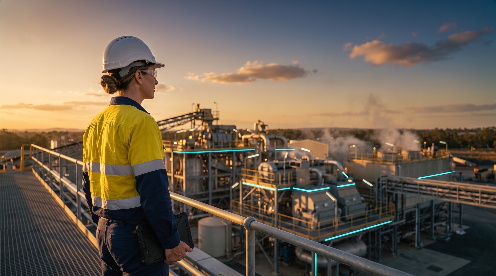 A confident operations engineer in hi-vis and a hard hat standing on a walkway at golden hour, looking out over a modern industrial plant lit with a subtle live-data glow, in command of an intelligent operation