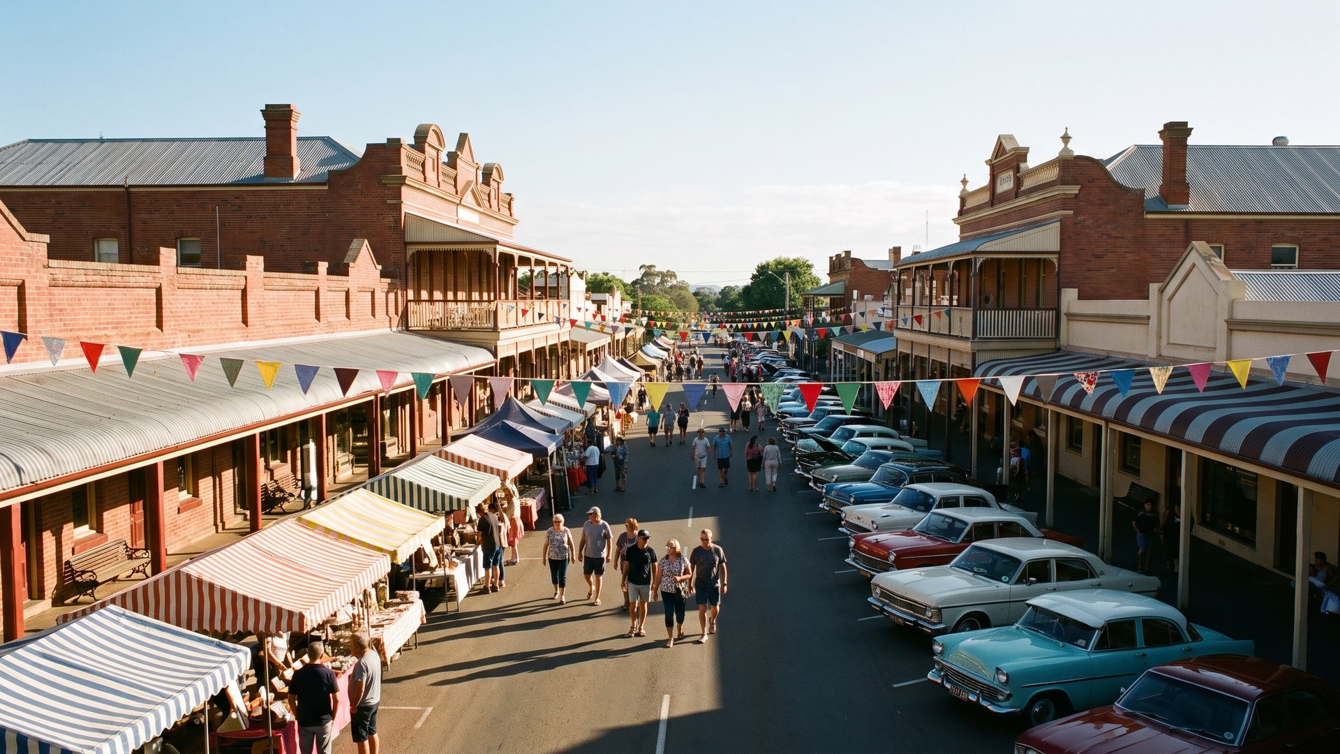 A regional Australian main street closed for a summer community festival, bunting overhead, market stalls and restored cars along the kerb