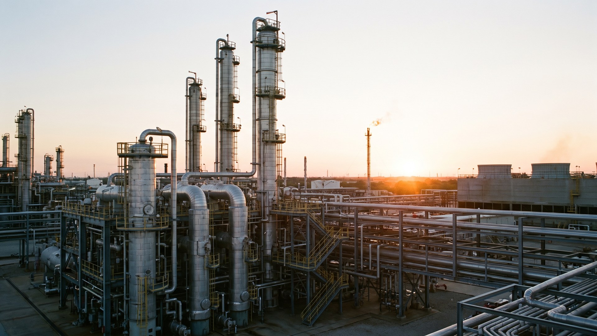 An oil refinery at dusk, fractional distillation columns and insulated heat exchangers among dense pipe racks with a flare stack burning in the distance