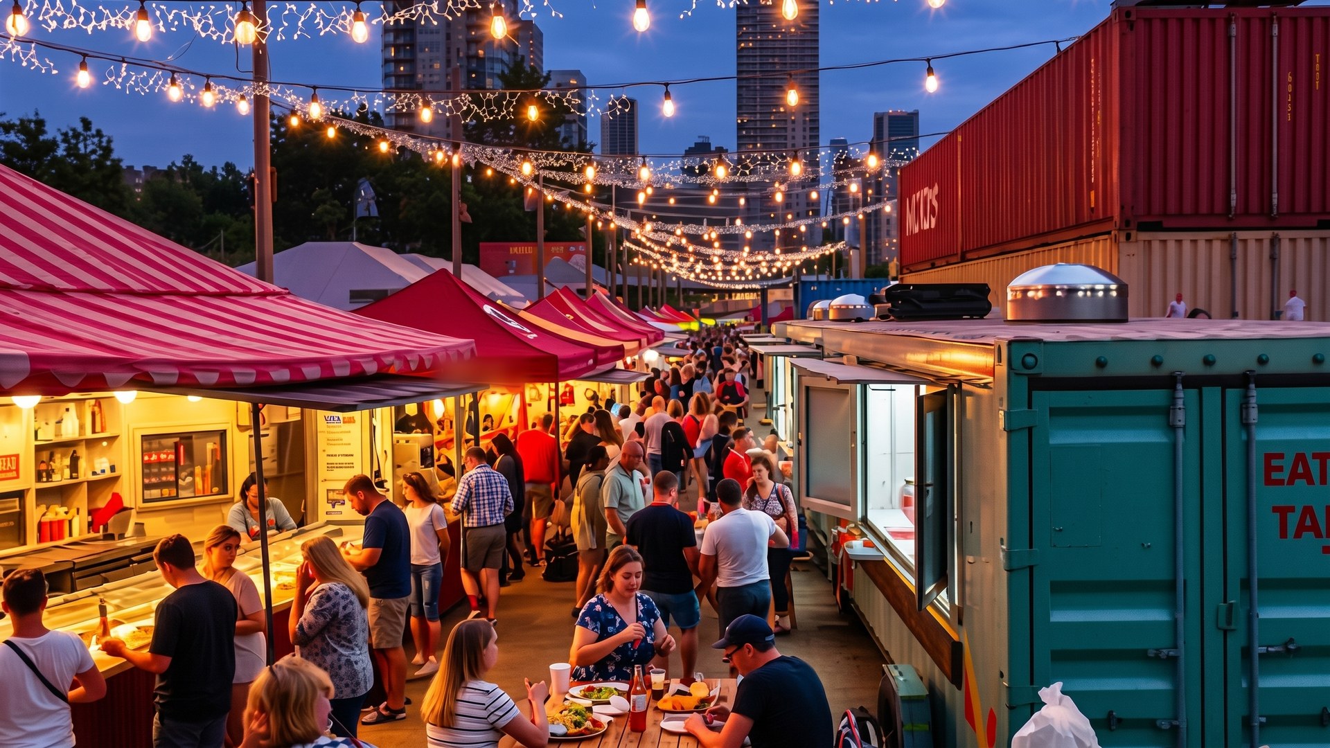 A busy riverside entertainment precinct at dusk, food traders operating from converted shipping containers with visitors dining at shared tables