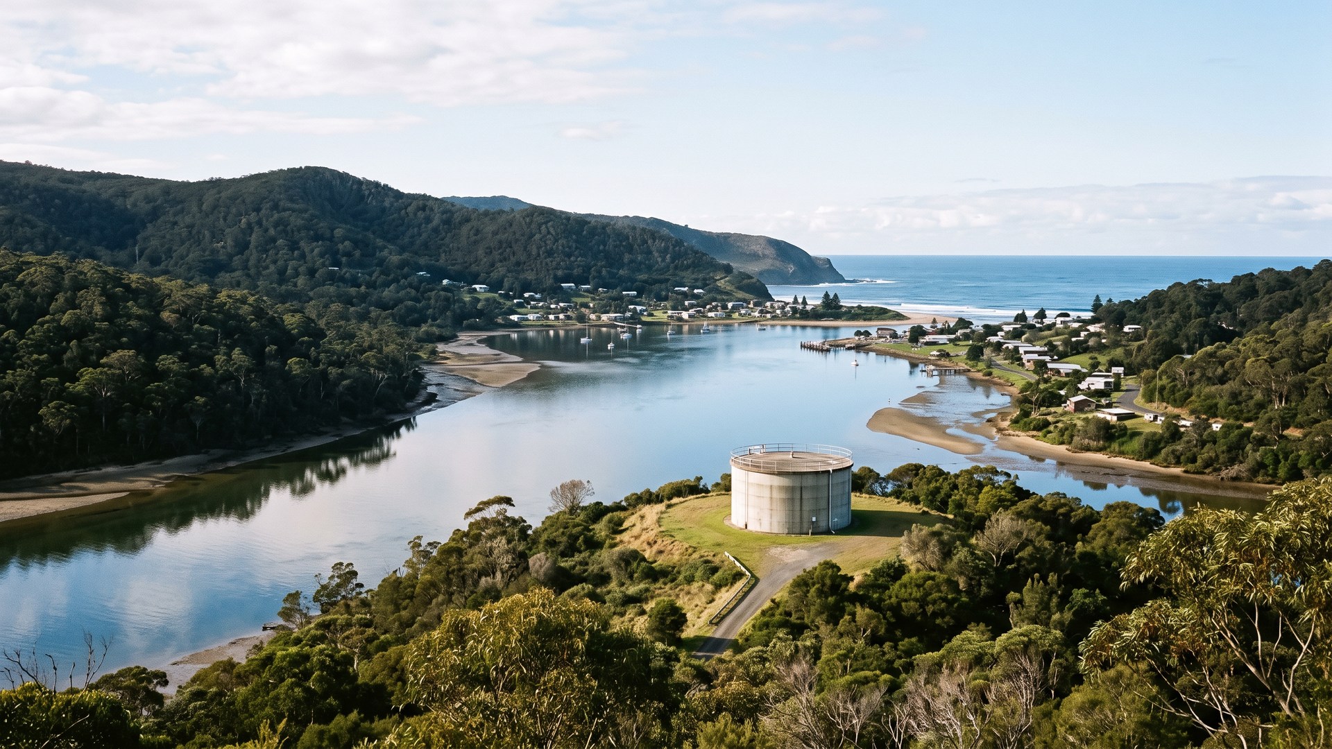 A NSW south coast estuary with a water reservoir on a headland