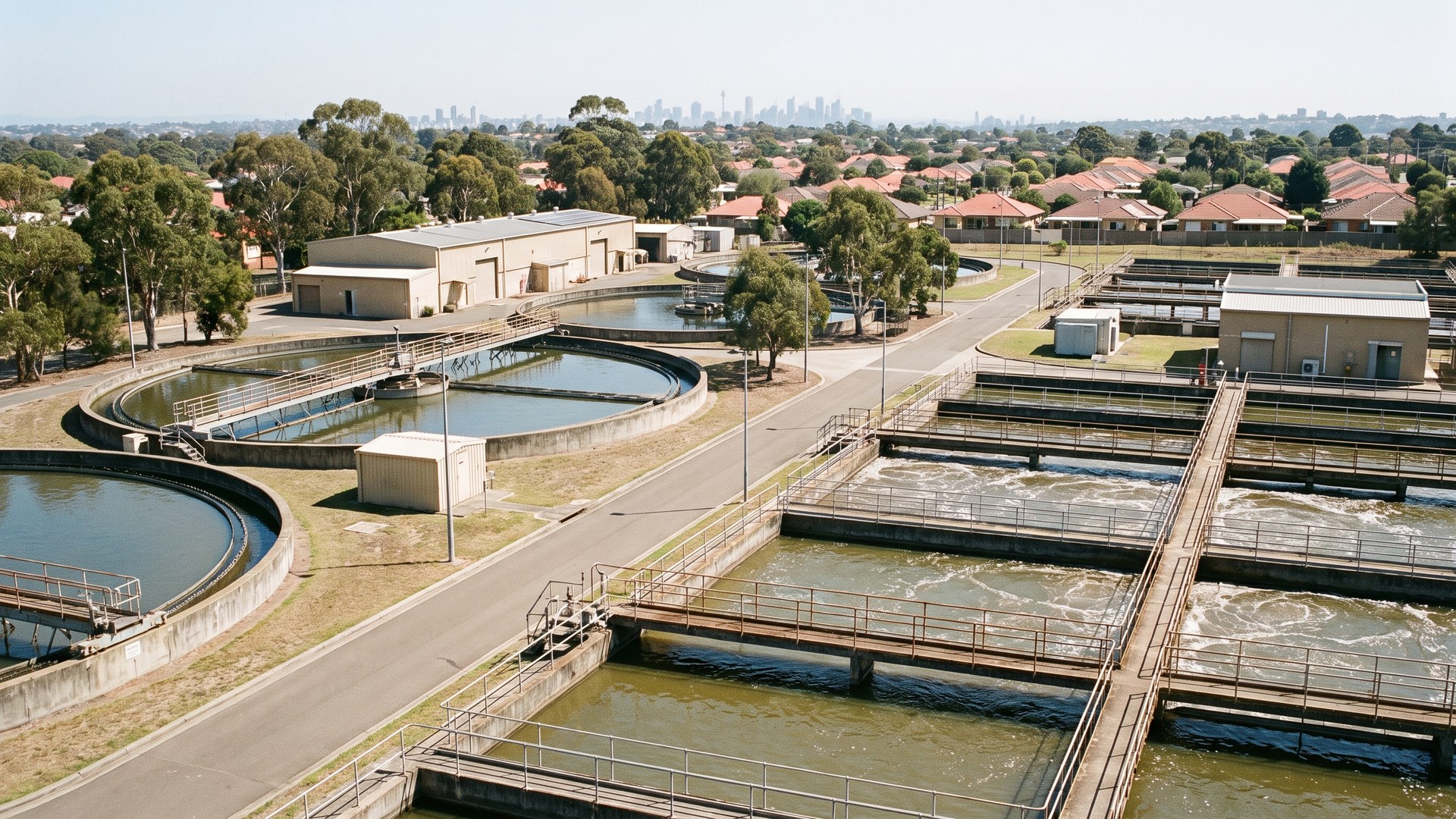 An elevated view of a water and wastewater treatment site in western Sydney, circular sedimentation tanks and aeration basins with suburban rooftops and the distant city skyline beyond