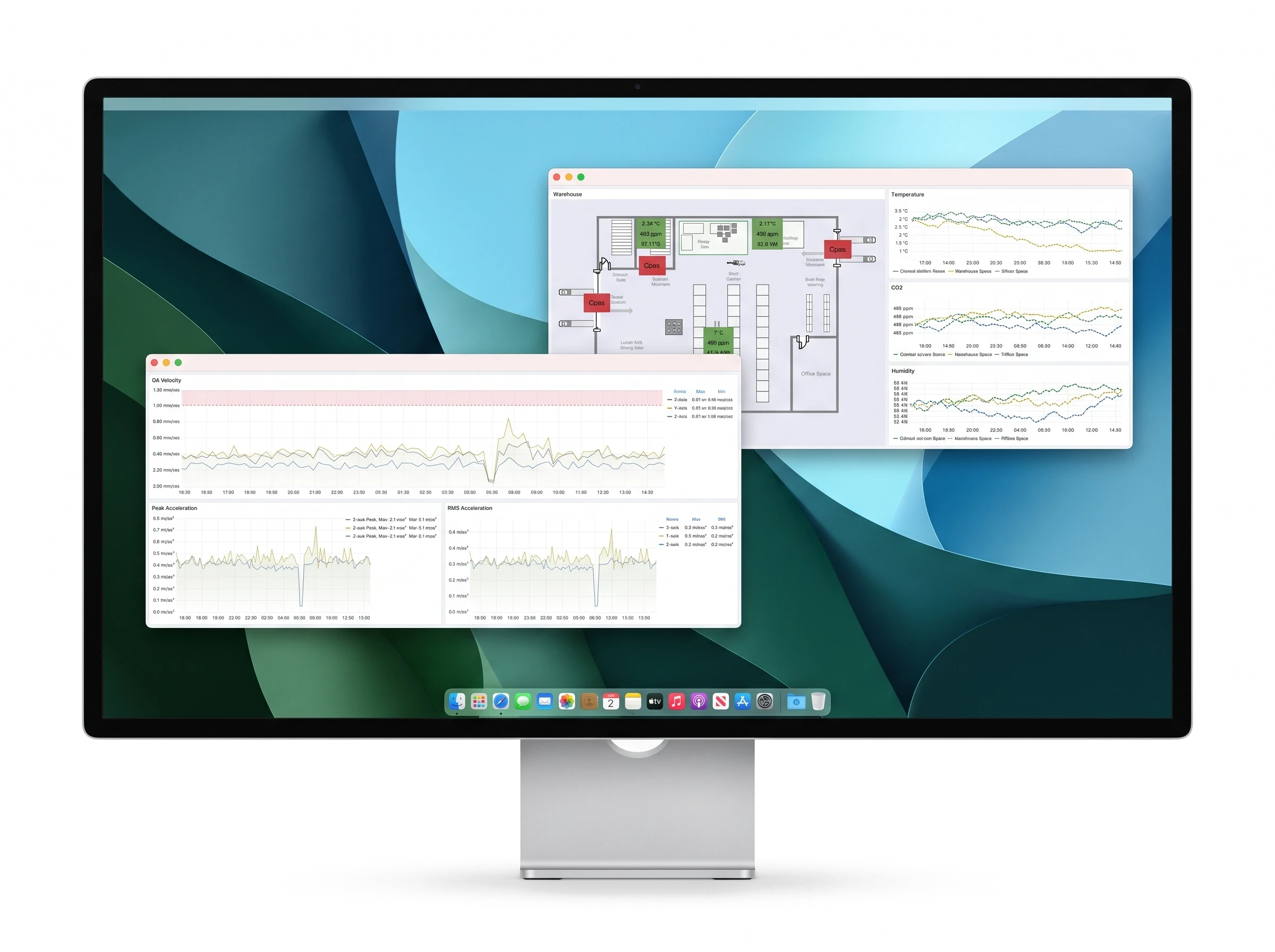 A Pro Display XDR on its stand showing the Meshed Platform on a macOS desktop: a warehouse environment monitoring view behind and a vibration monitoring view in front, with its threshold band and an event spike.