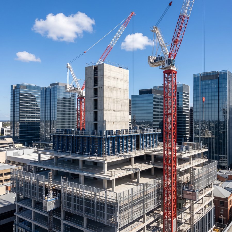 A commercial high rise under construction in an Australian city on a sunny day, tower cranes over an exposed concrete core with the skyline behind.