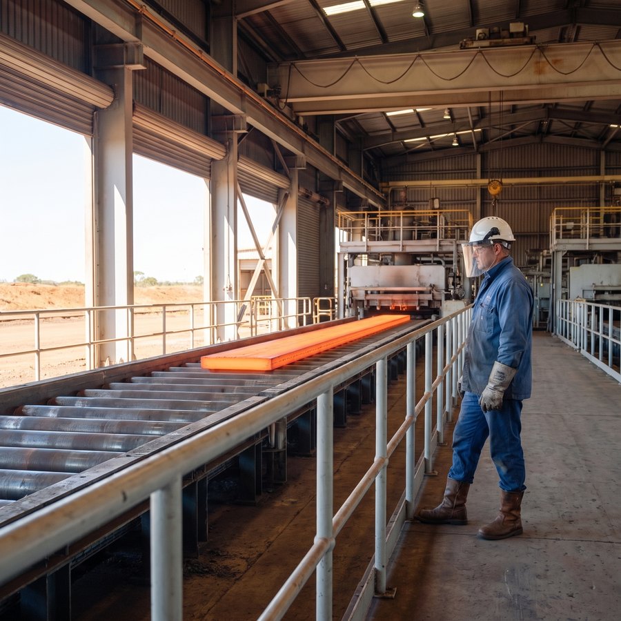 A steelworker in a flame resistant jacket, hard hat and face shield watches a glowing steel bar run through a rolling mill line inside a tall Australian steel plant.