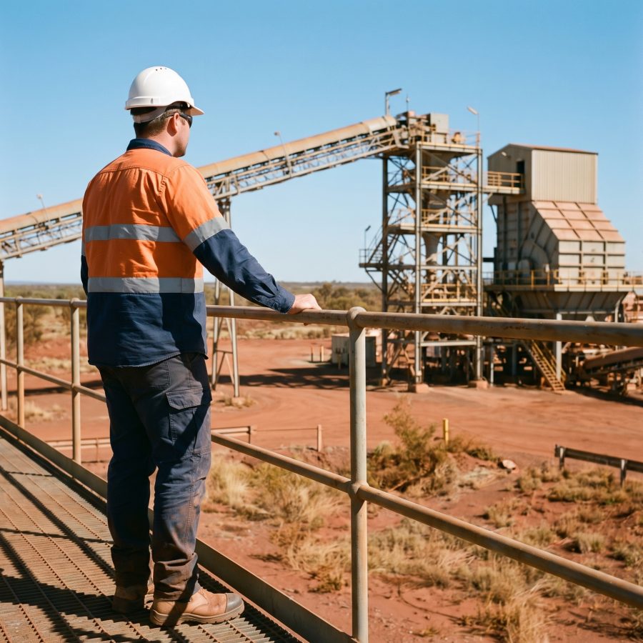 A process operator on a steel walkway looks over a fixed ore processing plant under a clear sky.