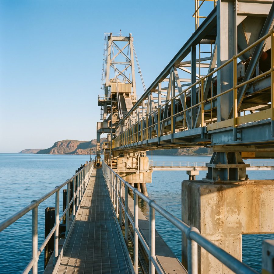 A shiploader and conveyor gantry over a bulk export wharf, calm water below and a headland beyond.