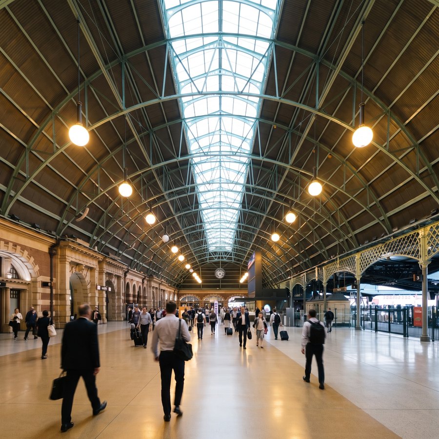 Commuters cross the main concourse of a large Australian railway station beneath a high arched roof, moving in many directions toward the platforms.