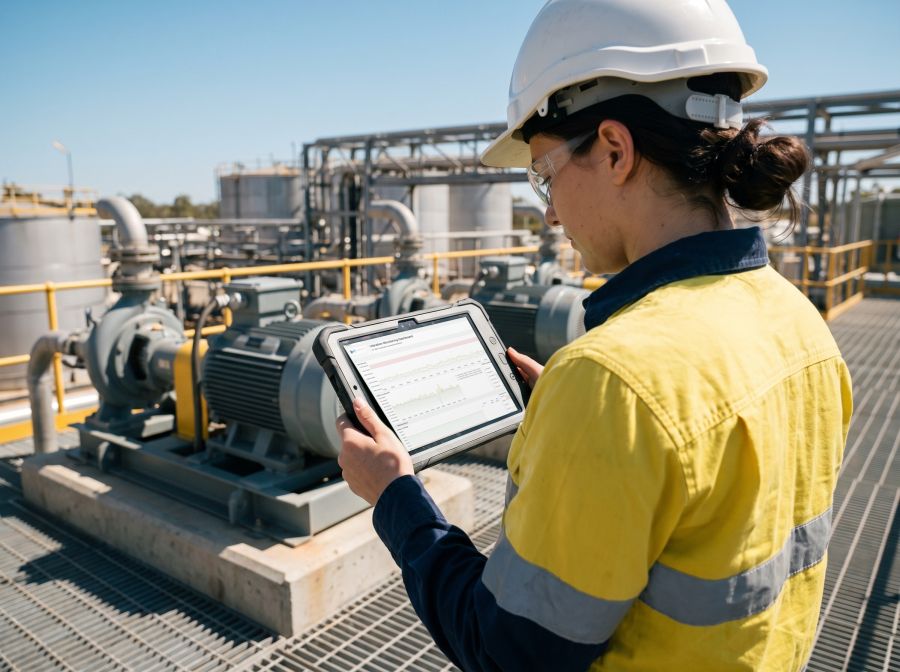 A reliability technician on a steel walkway reads vibration trends for a pump and motor skid on a rugged tablet, the skid beside her.