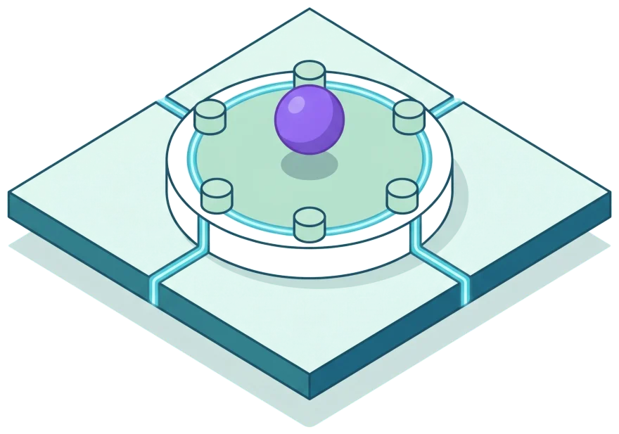 The Meshed platform mark, a round platform carrying five nodes around a violet core.