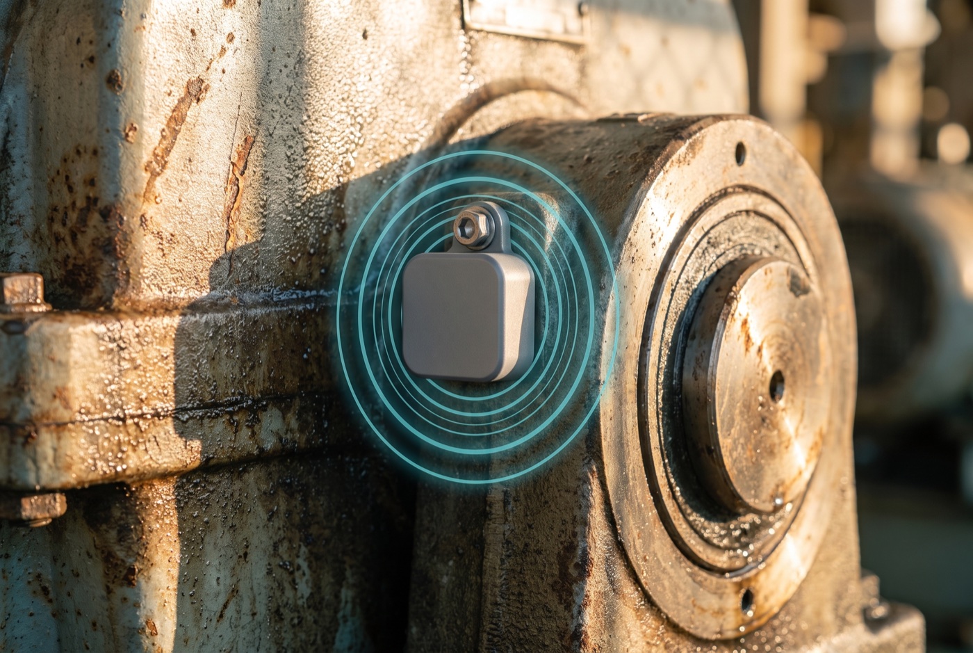 A close view of a small unbranded wireless vibration sensor bolted to the steel bearing housing of an industrial gearbox, fine teal rings representing the vibration it captures