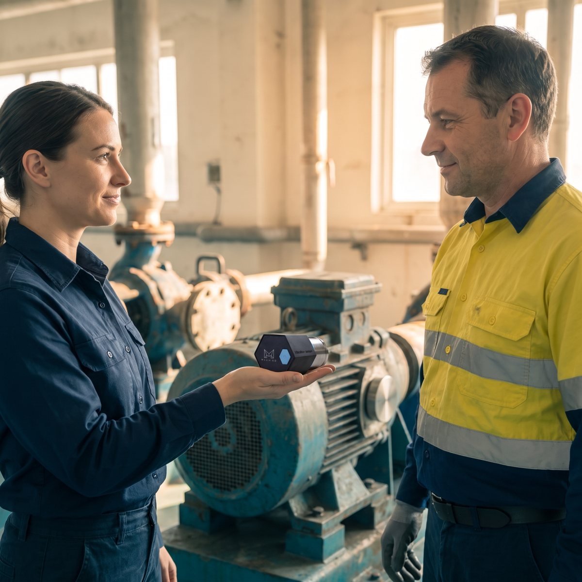 A Meshed field engineer holds a palm-sized Meshed vibration sensor in her open hand, showing it to a council maintenance lead beside a blue pump and motor set in a sunlit pump room.