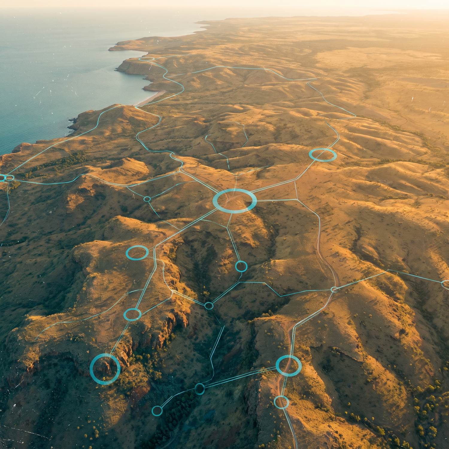 An aerial view of the Australian coast and country, with a managed network linking sites across metropolitan, regional and remote areas.