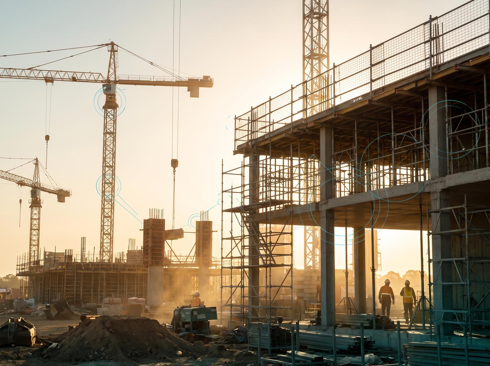 A large active Australian construction site with tower cranes and concrete structures, teal asset-tracking overlay across the plant.
