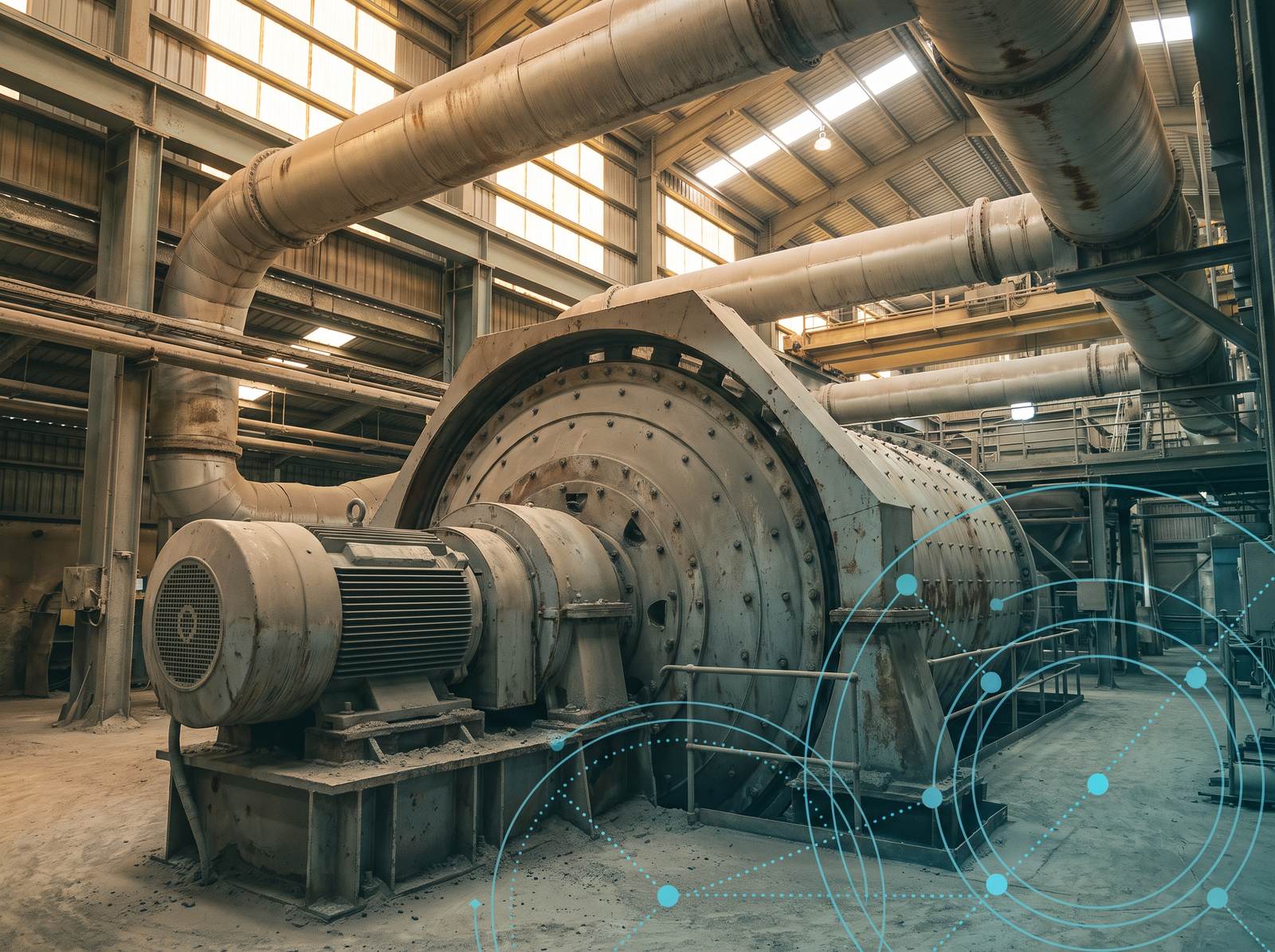 The base of a large rotating drive and overhead pipework inside a heavy-processing plant, a teal data ring rising from a motor casing.
