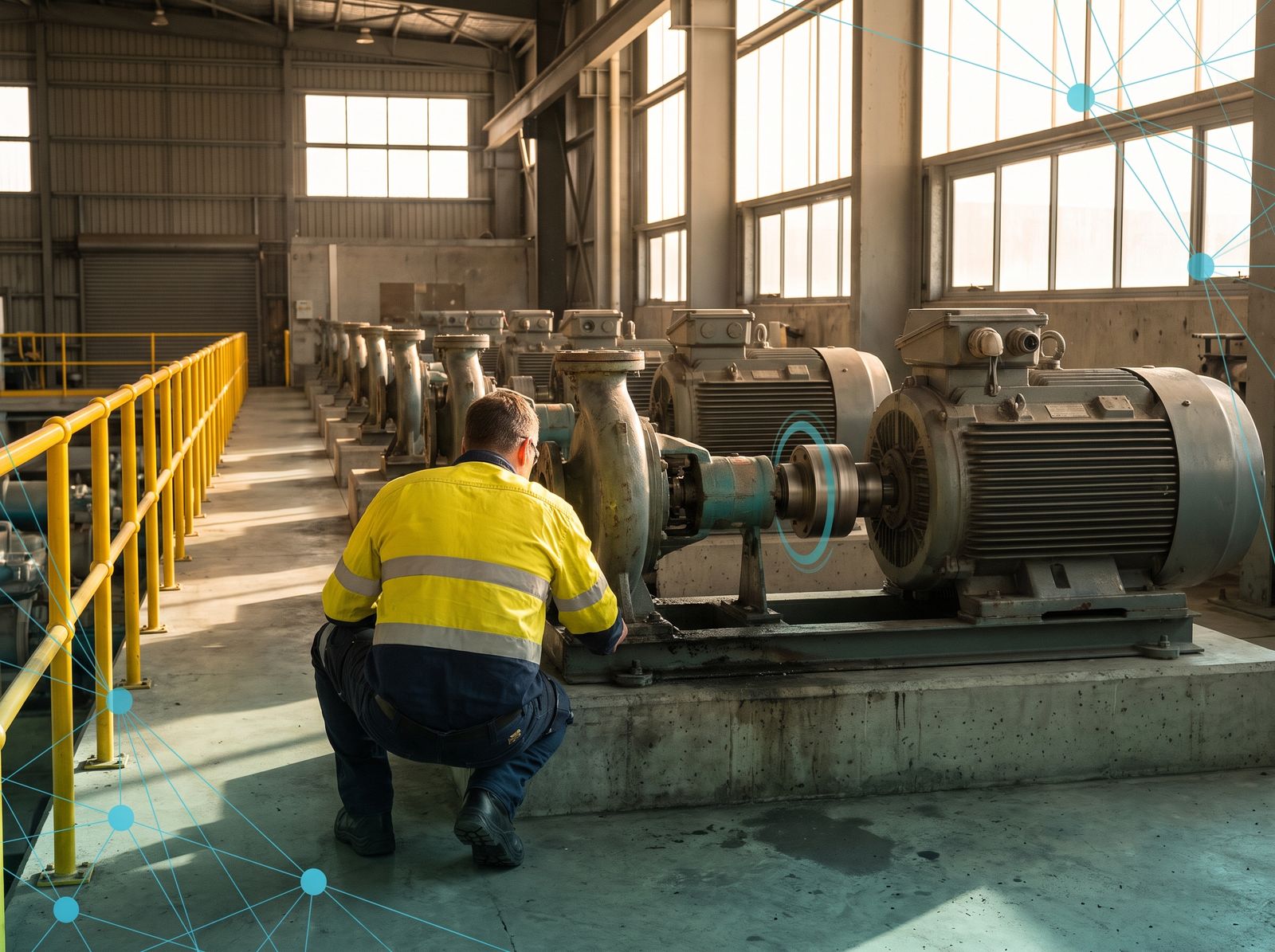 A hi-vis technician inspecting a row of electric motor-driven pumps on a modern Australian factory floor, a restrained teal data ring on the rotating coupling.