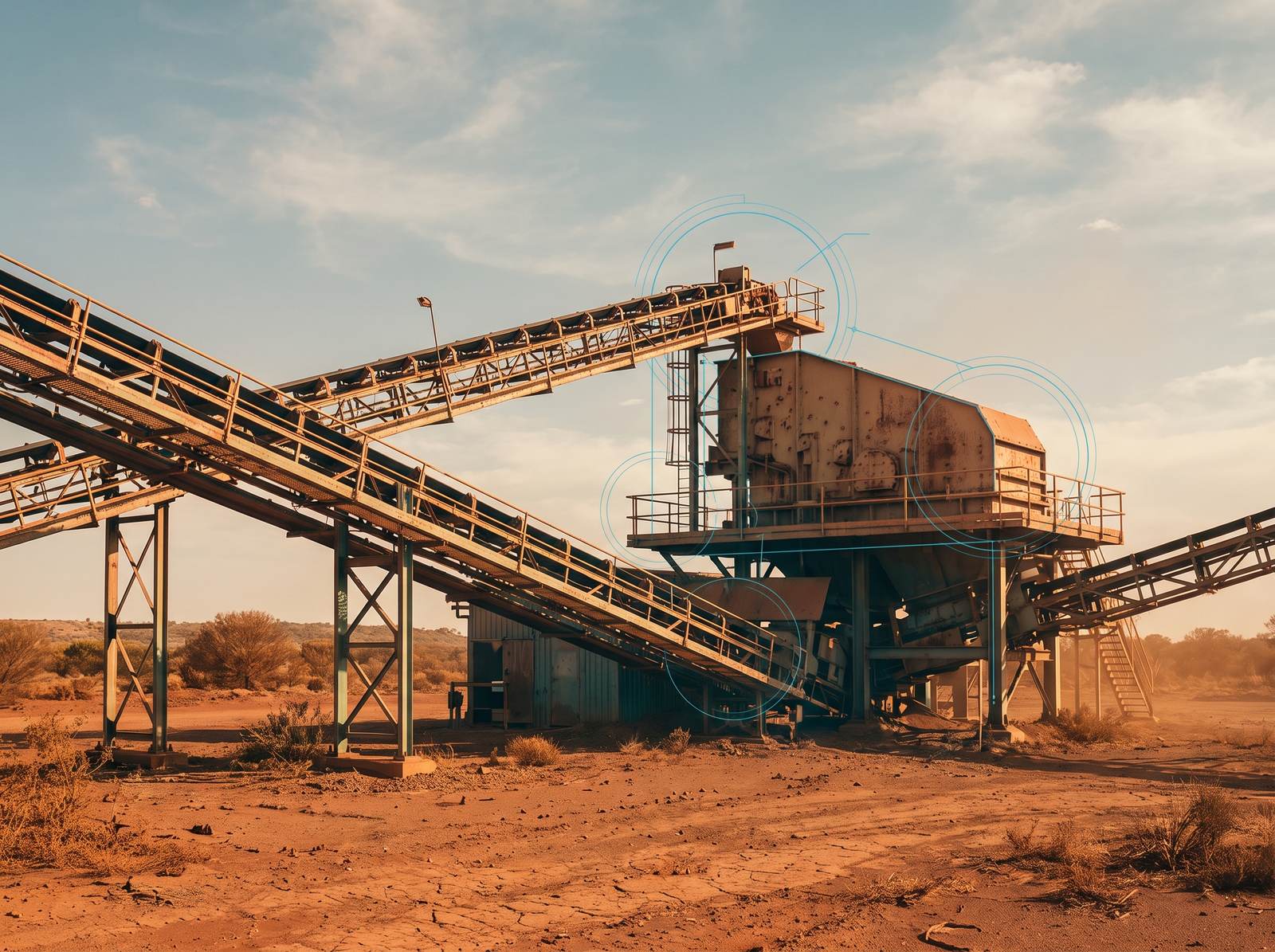 A fixed ore-processing conveyor and crusher structure in red-earth Australian mining country, teal network nodes along the plant.