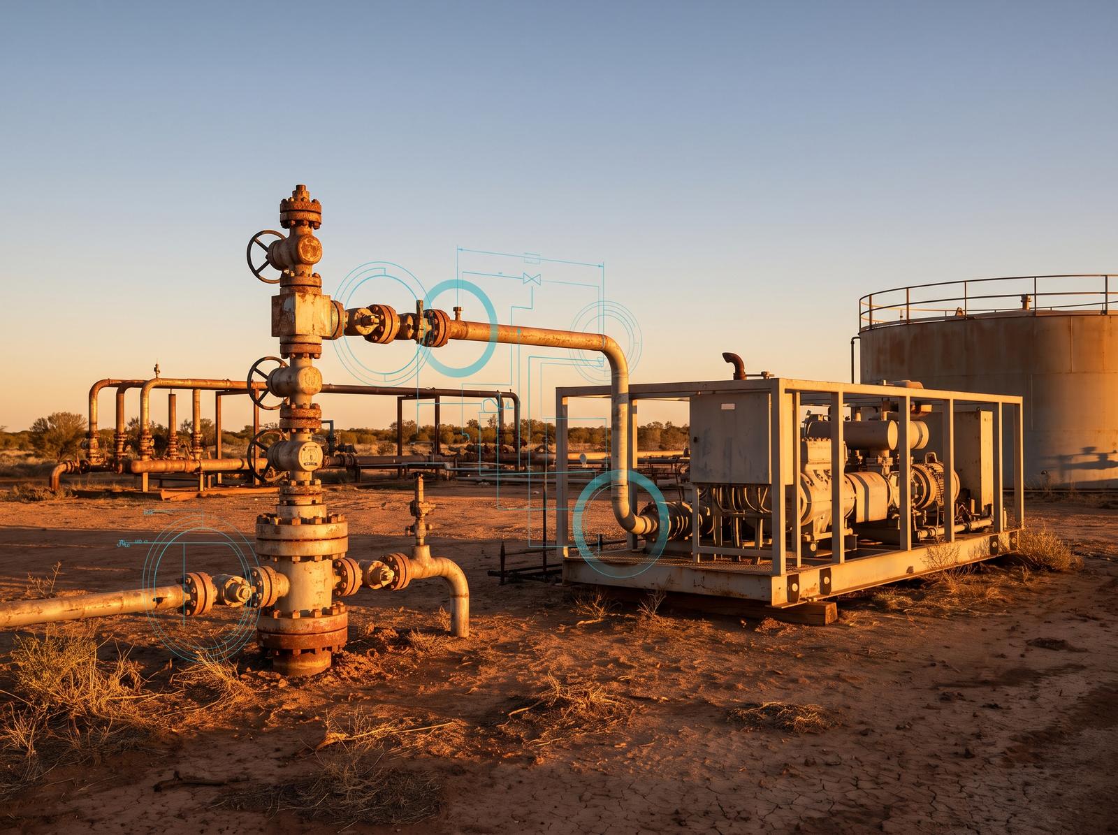 A fixed wellhead and compressor skid at a remote arid Australian site at golden hour, teal data rings rising from a pipe flange.