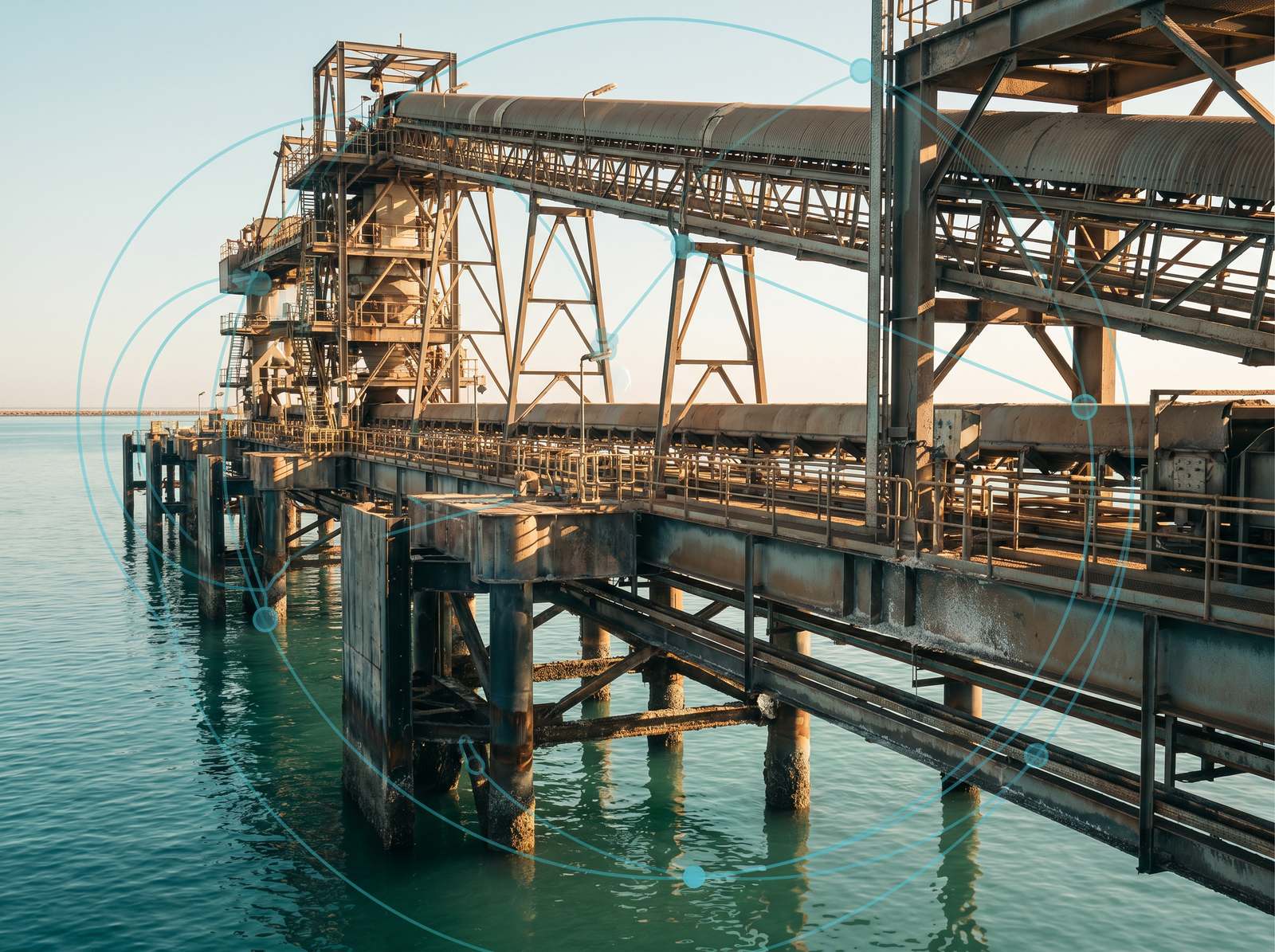 Steel wharf and shiploader structures at an Australian bulk-handling port, teal corrosion-monitoring overlay on the marine steelwork.