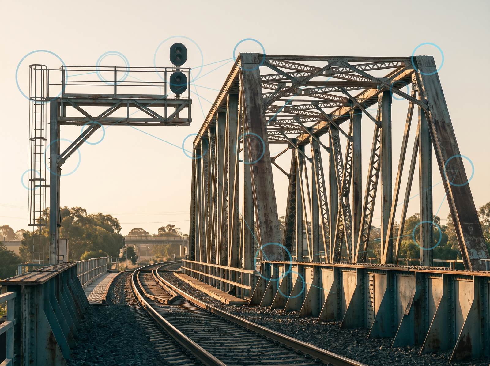 A lineside steel rail bridge truss in flat daylight, a small sensor enclosure on the steel and subtle teal data rings, no train present.