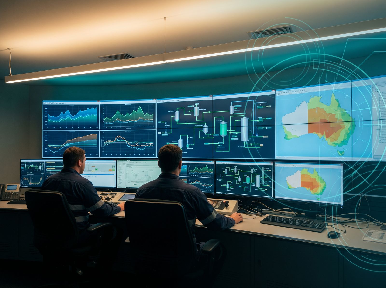 Operators monitor live asset dashboards across a wall of screens in an industrial operations control room.