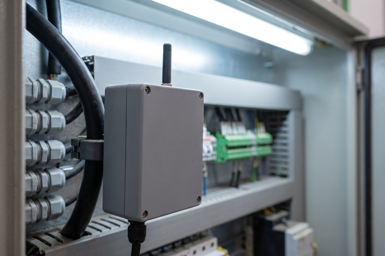 A compact unbranded wireless current monitoring sensor with a stub antenna clamped around an insulated cable inside an industrial switchboard cubicle