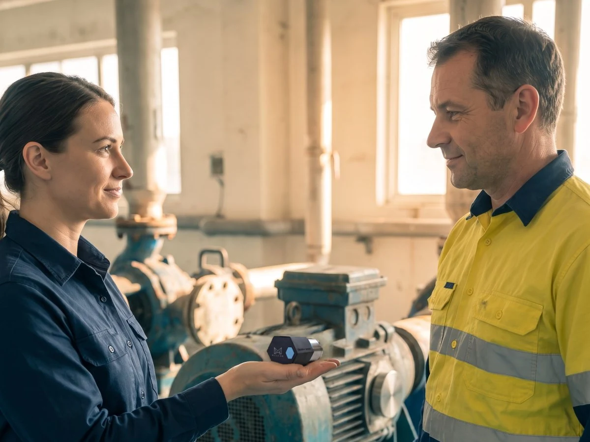 A Meshed field engineer holds a small Meshed vibration sensor in her open palm, showing it to a council maintenance lead beside a blue pump and motor set in a sunlit pump room.