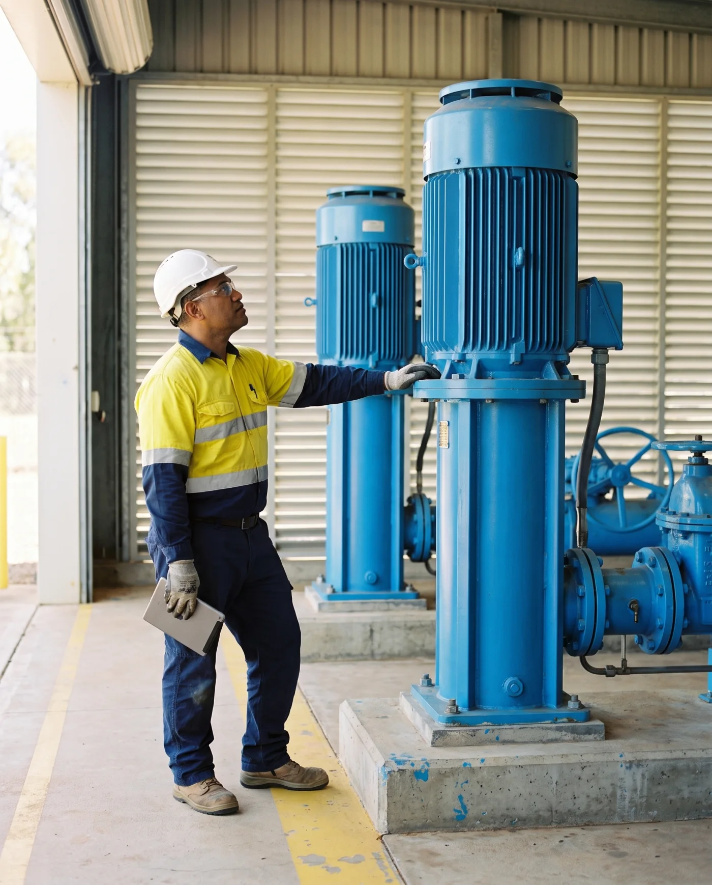 A maintenance technician in hi-vis, a hard hat and safety glasses rests a gloved hand on a blue vertical pump motor in a water pumping station, holding a tablet at his side, with a second pump and a gate valve behind.