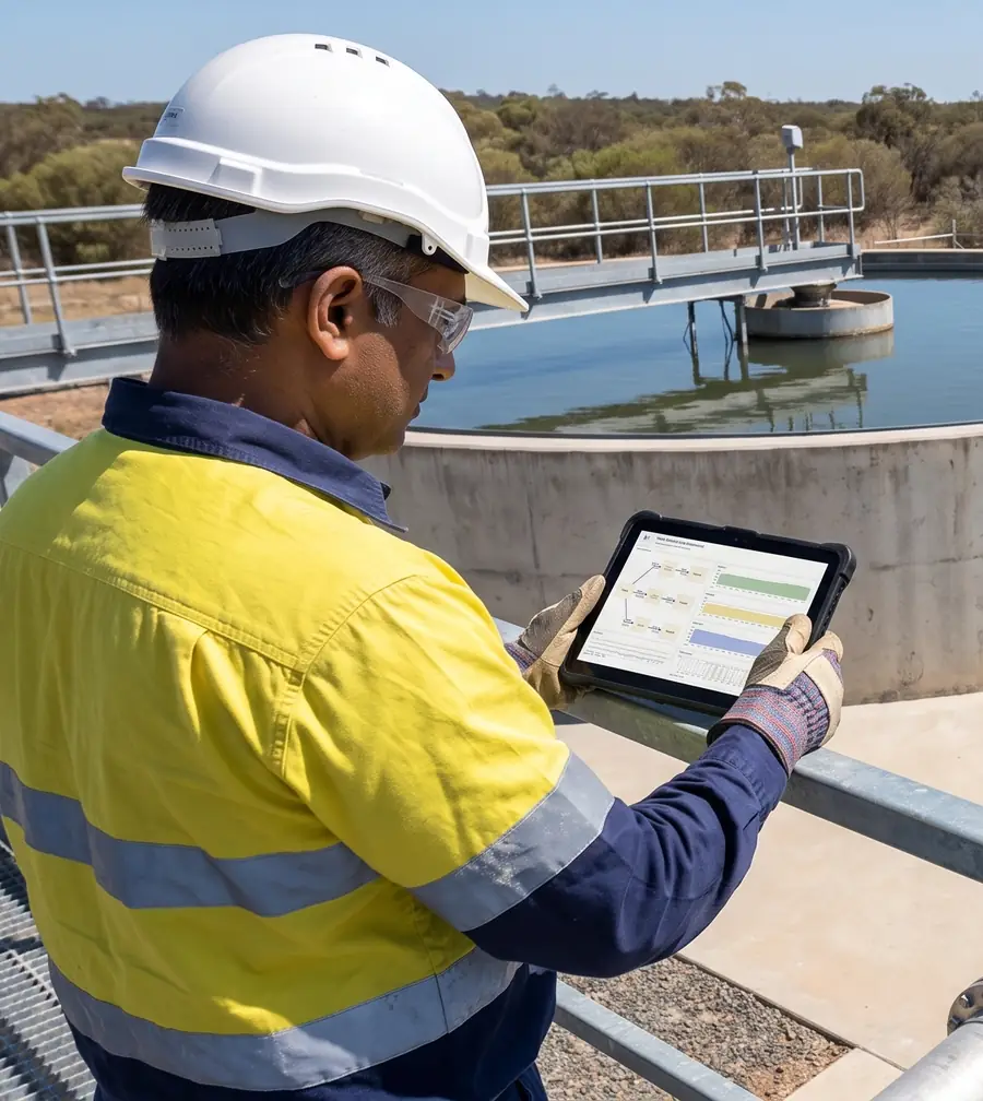 An engineer on a walkway above a water treatment plant reads live tank levels on a tablet, a circular tank and pipework behind him.