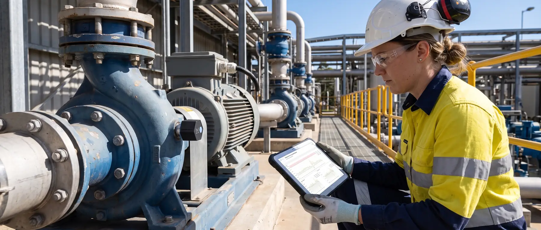 A reliability engineer in hi-vis and a hard hat reads a live vibration trend on a tablet beside a pump fitted with a Meshed wireless sensor.